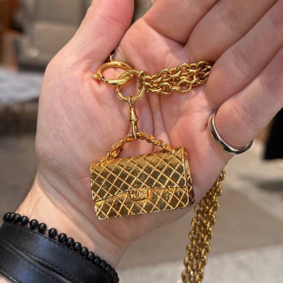 Chanel Vintage Gold Plated Bag Charm Triple Chains Necklace Belt - Picture 11 of 16